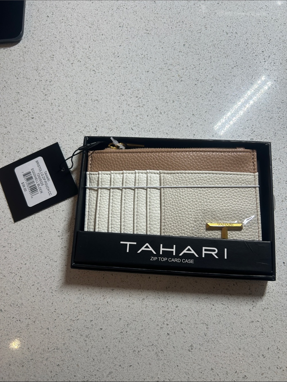 Tahari Cream and Tan Zip Card Case with Gold Accent